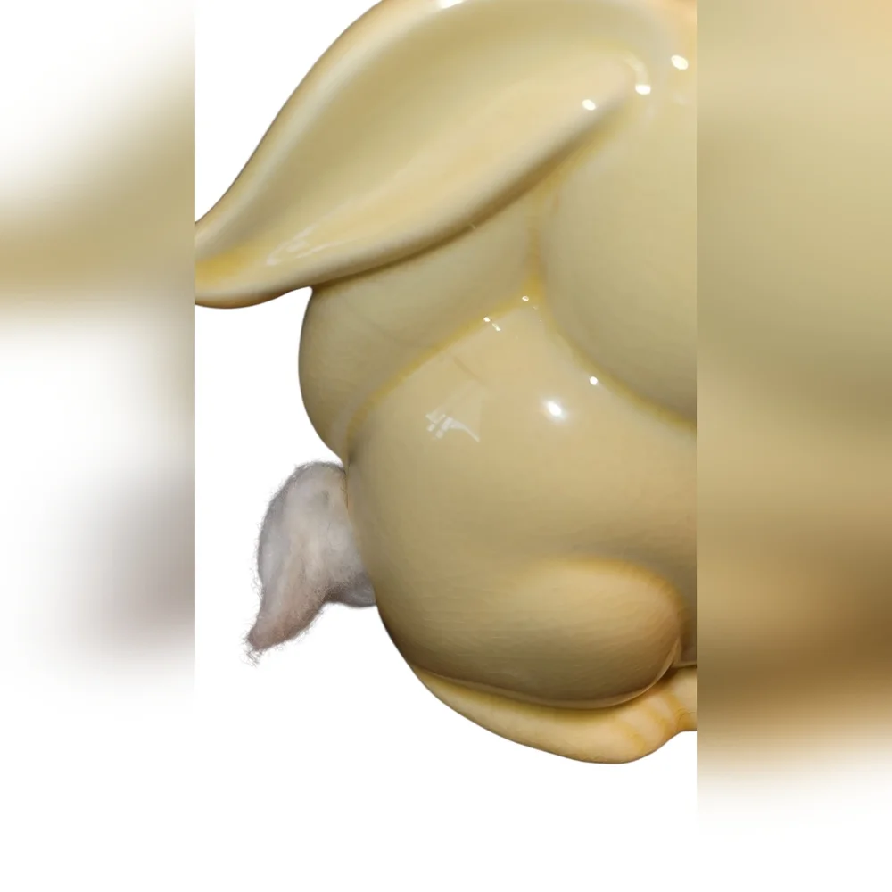 Charming Yellow Ceramic Bunny Figurine Cotton Ball Dispenser